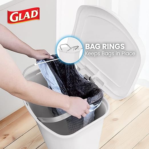 Glad 13 Gallon Trash Can | Plastic Kitchen Waste Bin with Odor Protection of Lid | Hands Free with Step On Foot Pedal and Garbage Bag Rings 13 Gallon White