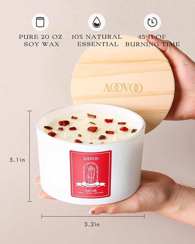 AOOVOO Apple Cinnamon Scented Candles for Women - 20oz 3 Wick Soy Candles for Home Scented Aromatherapy Candle with Crystals Inside Birthday Gifts Valentines Day Candle for Women Mom