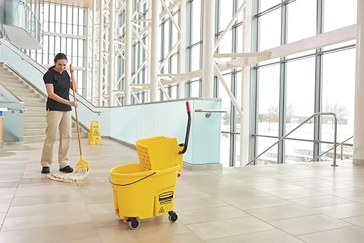 Rubbermaid Commercial Products WaveBrake 26 Qt. Side-Press Mop Bucket and Wringer Combo on Wheels Yellow for Professional/Industrial/Business Heavy-Duty Floor Cleaning/Mopping