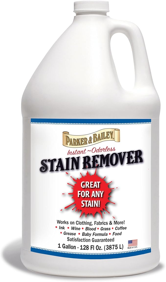 Parker &amp Bailey Liquid Stain Remover - Instant Stain Removal on Laundry Clothing Fabric Ink Grease Blood Grass Coffee Wine Food Carpet Upholstery Spot Cleaner Odor Free Detergent Booster - Gallon