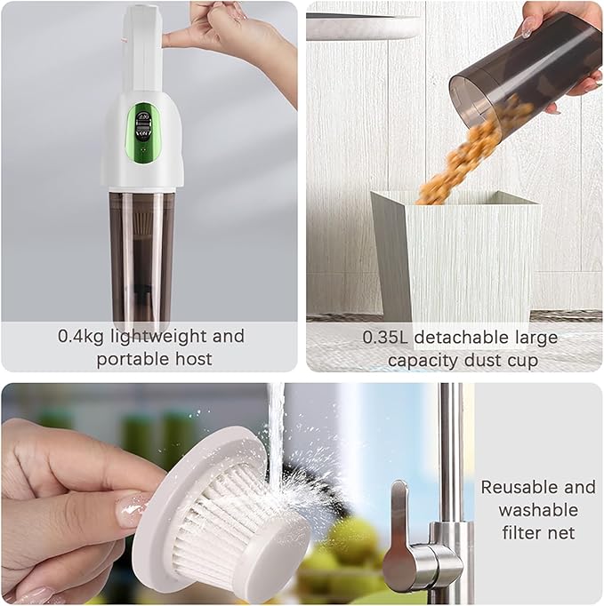 Tnfeeon Vacuum Cleaner 20000PA Powerful Suction Rechargeable Stick Vacuum Cleaner 2 in 1 Portable Low Noise Large Capacity Handhold Car Vacuum for Home Office Car (Green)