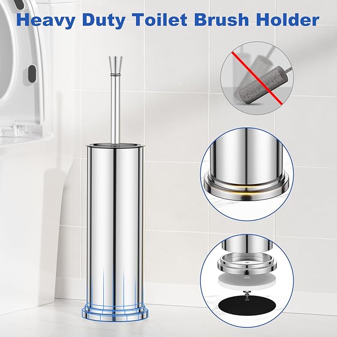 Toilet Brush and Holder Set：304 Stainless Steel Heavy Duty Toilet Bowl BrushRemovable Inner Bowl and Splash ProtectionBathroom Toilet Brush-Dense Bristles for Through Cleaning