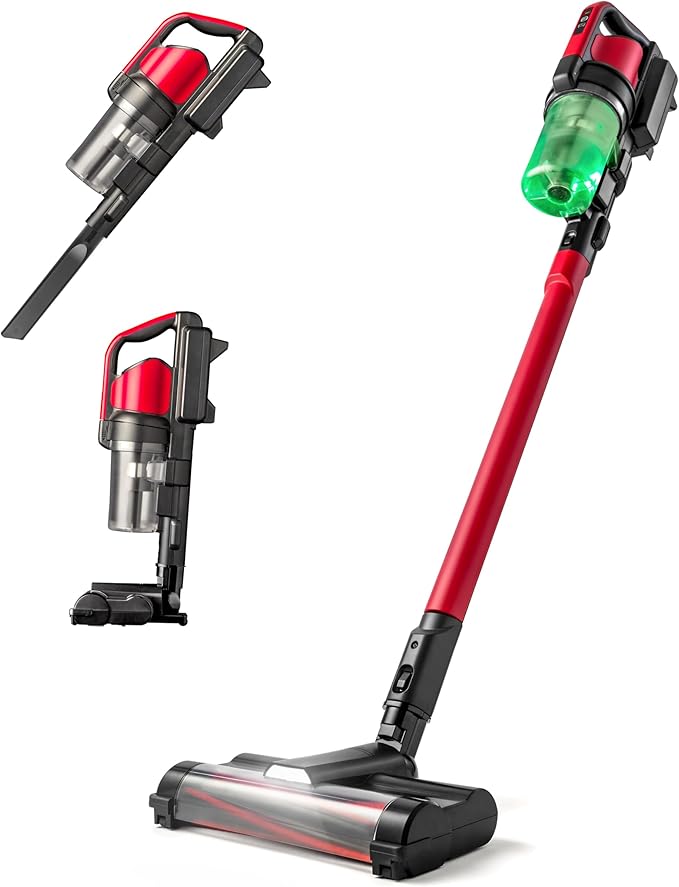 Cordless Vacuum Cleaner 11-inch Powerhead Self-Standing Design Fast Charging 50-Minute Runtime LED Dust Sensor Red