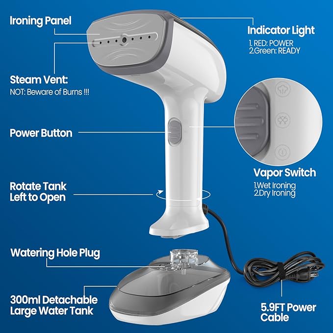 Powerful Handheld Fabric Steamer - 1800W with Fast Ceramic Heat-Up Plate 2-in-1 Ironing &amp Wrinkle Remover Steam Nozzle Lint Brush - White for US 120V Only