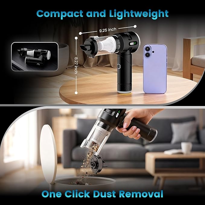 Wansimoo Handheld Car Vacuum Cleaner25000PA Strong Cyclonic Suction Foldable Mini Vacuum Portable Cordless with Digital Display and One Touch Dust Removal for Car Home Office Kitchen (Silver)