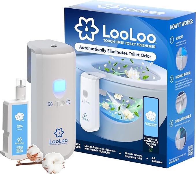 LooLoo 3.0 Touch Free Toilet Freshener Automatic Air Freshener Spray for Bathroom Starter Kit with Light and Toilet Deodorizer Bathroom Spray Odor Eliminator - Clean Cotton