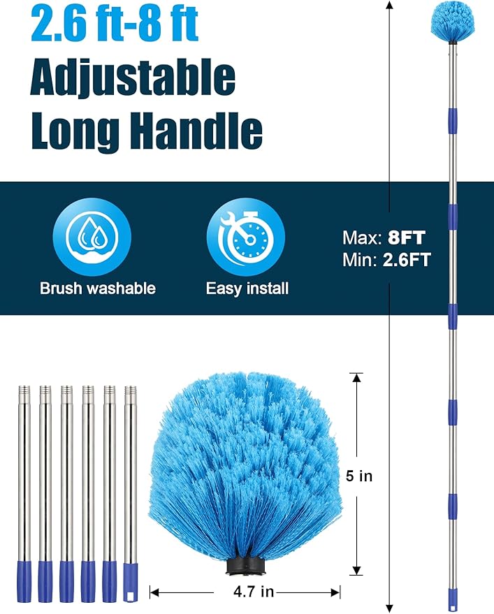 Cobweb Duster with Extension Pole 8 ft Spider Web Brush for Outdoor House Cleaning Cob Web Remover for High Ceilings Fans Medium-Stiff Bristles Round Head Steel Long Handle Lightweight Cleaner
