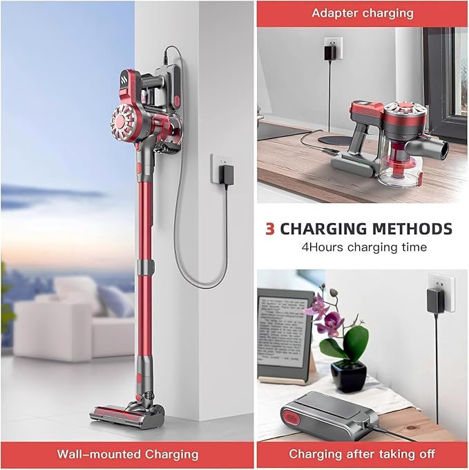 Cordless Vacuum CleanerVacuum Cleaners for Home with Super SuctionLightweight Stick Vacuum with 35 Mins RuntimeRechargeable Cordless Vacuum for Carpet Tile Pet Hair Hardwood Floors(Red Grey)