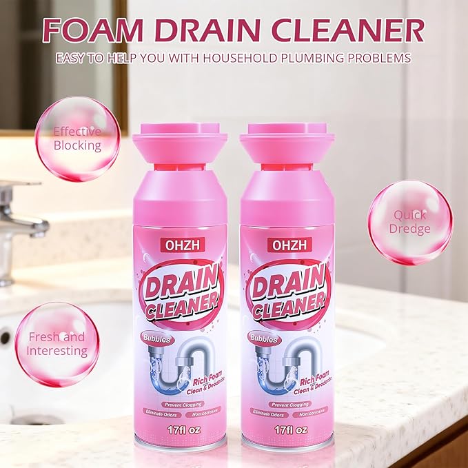 Foaming Drain CleanerDrain Clog Remover –Sink Cleaner and DeodorizerFoaming Cleaners for Kitchen Sinks Shower DrainsTub (2pcs)