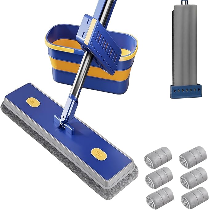 Self-Wringing 360° Flat MopHands-Free Wet &amp Dry Mop with Scalable BucketAdjustable Large Flat 360° Rotating Mops with 6 Washable Microfiber Padsfor Tile Hardwood (6 Microfiber Pads)