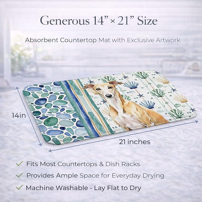 Caroline's Treasures Fawn Whippet Coastal Sea Glass Dish Drying Mat Absorbent Dish Drying Mat Pad for Kitchen Counter Dish Drainer Mat for Countertop 14 x 21 Multicolor