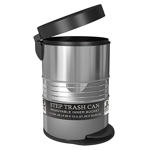 nu steel 5 Liter Round Small Metal Step Trash Can Wastebasket Garbage Container Bin - for Bathroom Powder Room Bedroom Kitchen Office - Removable Liner Bucket - 8 x 8 x 12 – Shiny Steel