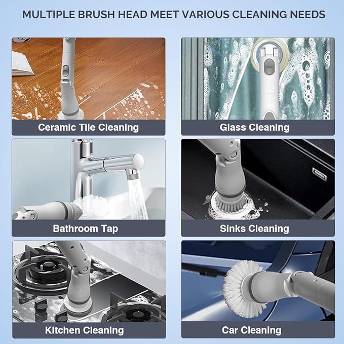 Electric Spin Scrubber - Cordless Cleaning Head with 6 Replaceable Brushes - 90° Rotatable - Ideal for Floor Window Cars - Ivory White