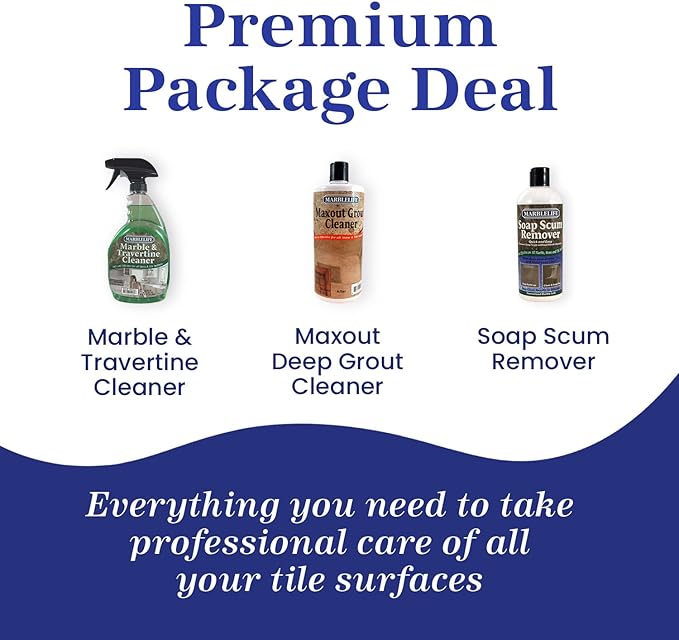 Marblelife Bathroom Combo Kit With Marble &amp Travertine Cleaner MaxOut Deep Grout Cleaner for Tile Floors Soap Scum Remover For Shower &amp Other Surfaces Includes A Cleaning Cloth