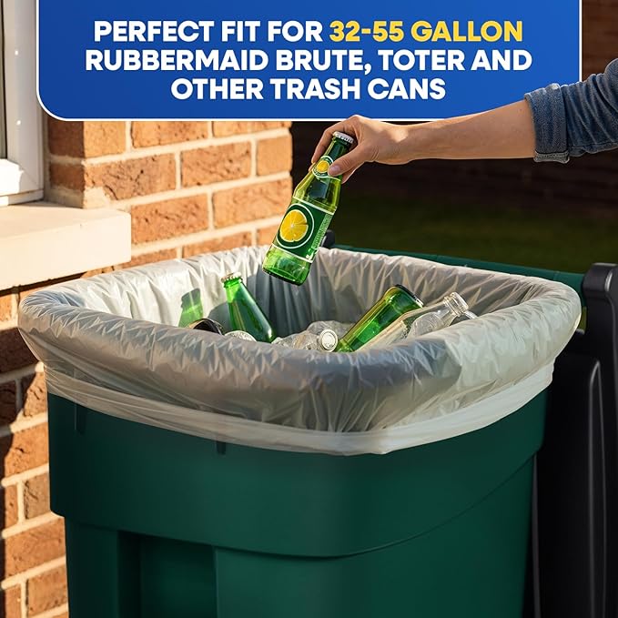 55-60 Gallon Trash Bags 1.5 Mil Fits Rubbermaid Brute Round and Square 32-55 Gallon Rollout Containers 43x47 Trash Can Liners Clear Garbage Bags 55 Gallon Pack of 100