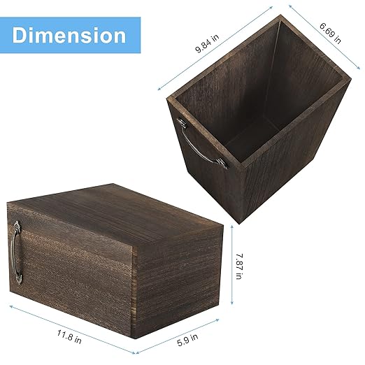 Trash Can Wastebasket Wood Garbage Container Bin with Built-in Double Metal Handles for Office Bedroom and Bathroom Dark Brown