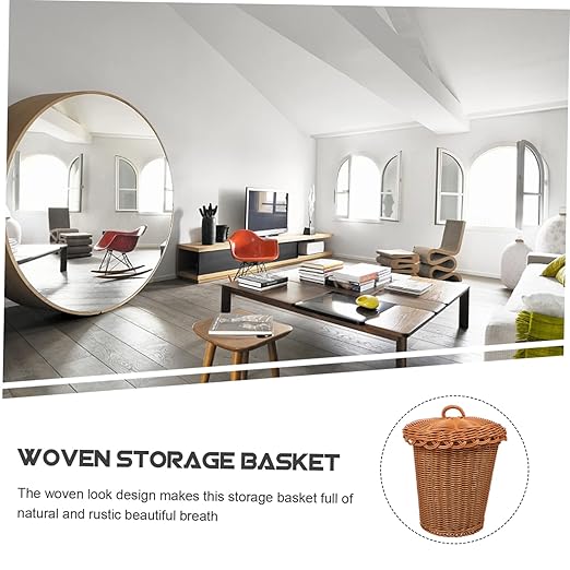 Healifty Woven Trash Can Basket Imitation Rattan Wastebasket for Bedroom and Living Room Stylish Sundries Storage Container Decorative Design for Home Organization