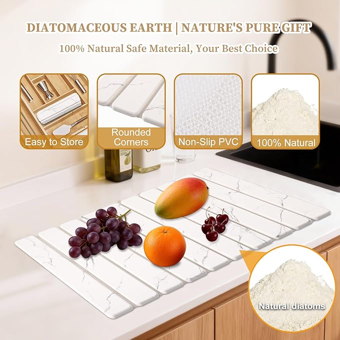 3 PCS Stone Dish Drying Mat for Kitchen Counter Large Quick Dry Stone Dishes Mats Coasters Foldable Water Absorbing Diatomaceous Earth Drying Pad for Countertop Bottles Utensils Cups