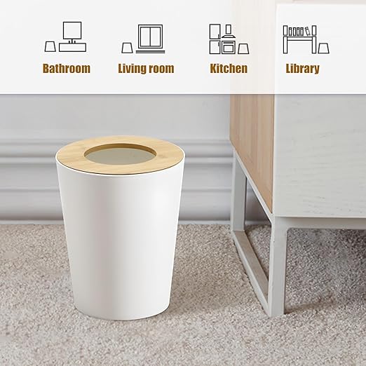 White Trash Can for Bedroom with Bamboo Lid 2.4 Gallon Open Top Trash Can 2 Pack Modern Aesthetic Garbage Can for Room Office Living Room Small Bathroom Trash Bin Boho Style