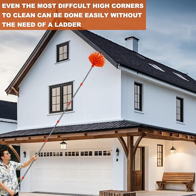 20 Ft+ High Reach Cleaning Tool Kit - Microfiber Feather Ceiling Fan Duster &amp Cobweb Duster with 3-14 ft Spliceable Pole Duster for Cleaning Fan Spider Web Ceiling Blinds Furniture Clean