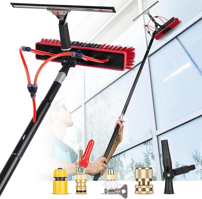 Telescopic Window Cleaning Pole Kit with 180° Rotating Brush Head Adjustable 12FT/3.6M Hose Ideal for Solar Panel Caravan Deck Cleaning Tool