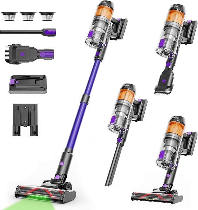 Cordless Vacuum Cleaner500W 40KPa 120Mins Runtime with 2 BatteriesAnti-Tangle Stick Vacuum with Green LightRechargeable Wireless Vacuum for Pet Hair/Carpet/Hardwood FloorPurple