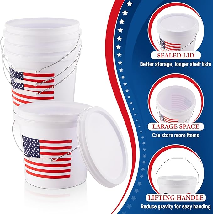 4 Pcs 2 Gallon Plastic Bucket with Lid and Handle Large White Heavy Duty Bucket with American Flag for Home Gardening Tools Household Cleaning Baseballs Storage Container