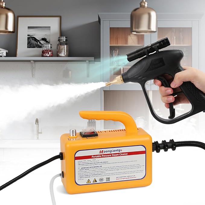 Moongiantgo 1700W High Pressure Steam Cleaner Handheld Portable Instant Steam Cleaning Machinefor Commercial Home USe Kitchen Bathroom Grout Tile Car Detailing (Yellow 110V)