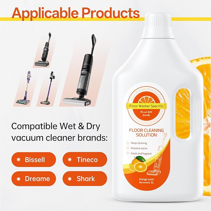 1L Orange Floor Cleaning Solution Compatible With Tineco/Bissell/Dreame And Shark Fragrance Deodorization Deep Cleans for Multiple Hard Floors Suitable With Cordless Wet/Dry Vacuum