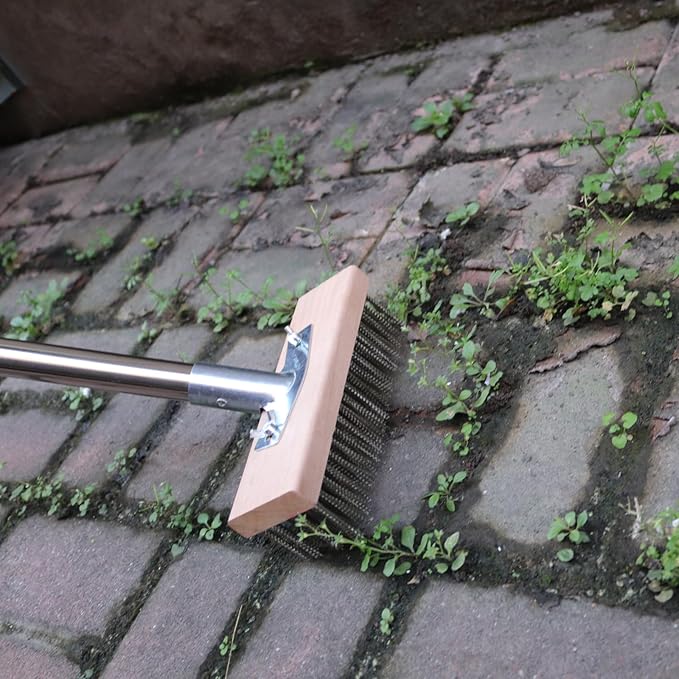 Stainless Steel Wire Scrub Brush with 63 Long Handle 2PCS 8 Brush Heads Heavy Duty Large Wire Brush Stiff Metal Bristle Floor Scrubber Patio Floor Cleaning Wire Broom for Concrete Deck Moss