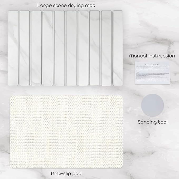 Large Stone Dish Drying Mat 24 x 16 – Quick Dry Diatomaceous Bath &amp Kitchen Mat with Non-Slip Base – Modern Absorbent Drying Pad for Plates Glassware &amp Bottles (Marbled White)