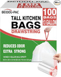 Trash Bags 13 Gallon Drawstring 100 Count Multifold Roll Garbage Bags Tall Kitchen Trash Bag Odorless &amp Extra strength White Plastic Food Scrap Bag for Home Office Bathroom Kitchen Bins