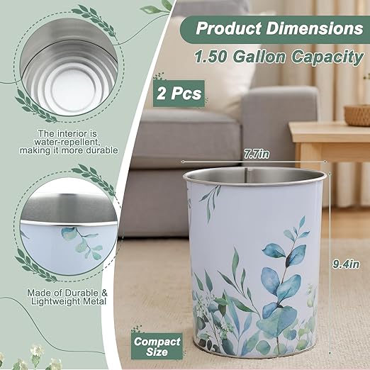 LemonRoad 2 Pack Eucalyptus Leaves Wastebasket Metal Trash Can Small Decorative Garbage Can for Bedroom Bathroom Nursery Daycare Kitchen Laundry Room Offices Home 1.50 Gallons 7.7 x 7.7 x 9.4 Inches