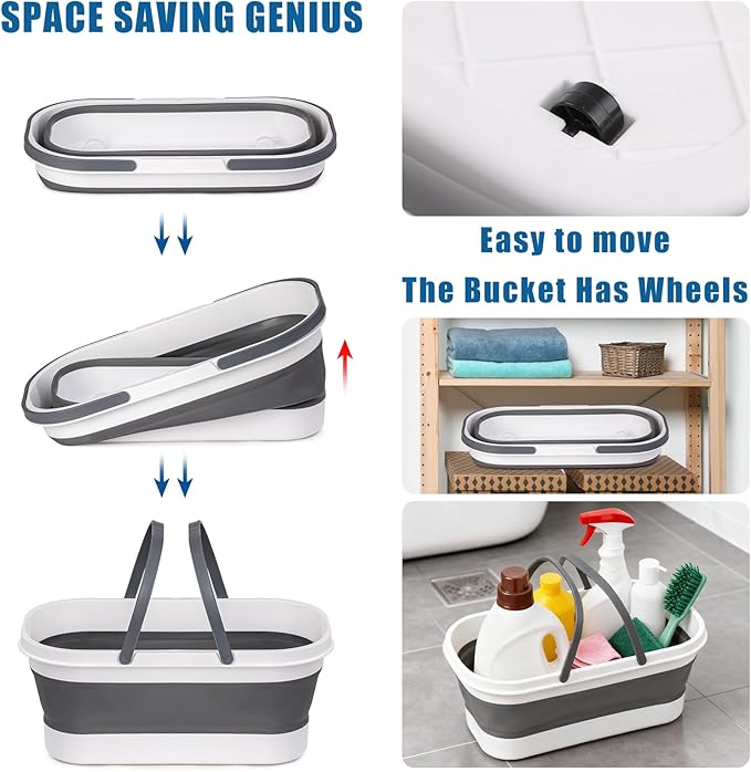 Flat Mop and Bucket Set with Heavy Duty Scrub Brush 2 Washable Reusable Microfiber Pads for Tile Hardwood Wall Cleaning Home Indoor or Outdoor Cleaning (White-Gray)