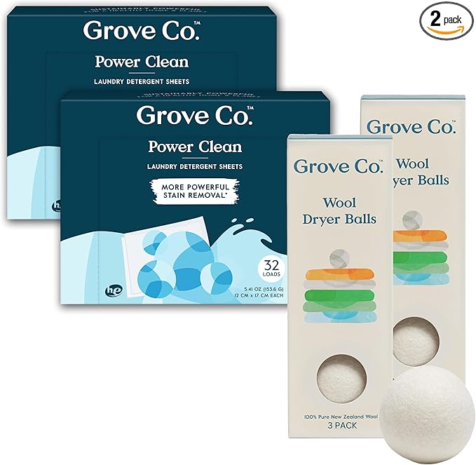 Grove Co. Laundry Detergent Sheets and Laundry Balls Bundle Dissolving Washer Sheets (2 Pack - 64 Loads) Uncented Free &amp Clear 100% Wool Dryer Balls (2 Pack - 6 Balls) Unscented