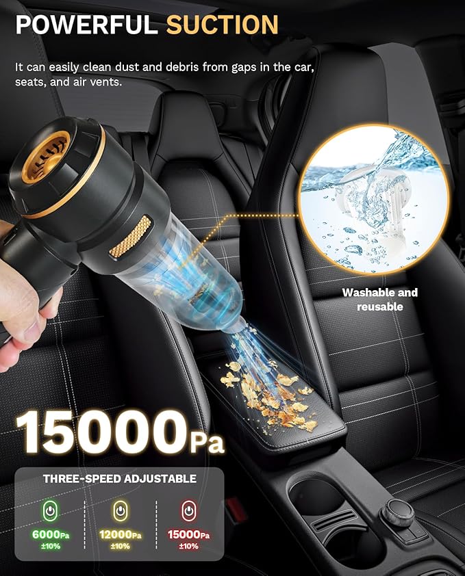 Baiwade Foldable Cordless Handheld Car Vacuum Cleaner 15000PA High Power 2-in-1 Mini Vacuum Duster &amp Inflator with 3-Speed Brushless Motor for Car Care Home Office Pet