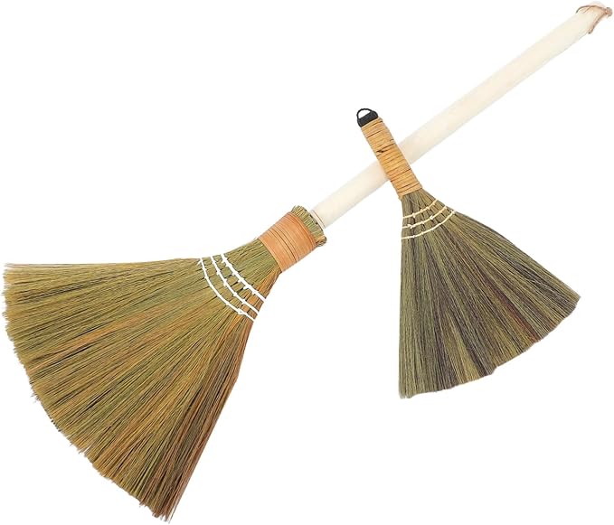 2pcs Handmade Soft Straw Broom Set with Detachable Handle Indoor Dust Removal Gentle Floors for Hardwood Tile Surfaces
