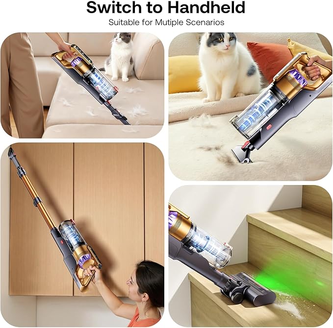 Trucozie Cordless Vacuum Cleaner Self-Standing Lightweight Stick Vacuum with 50 mins Runtime Powerful Suction Anti-Tangle Wireless Vacuum for Home Hardwood Floor Carpet Pet Hair Gold
