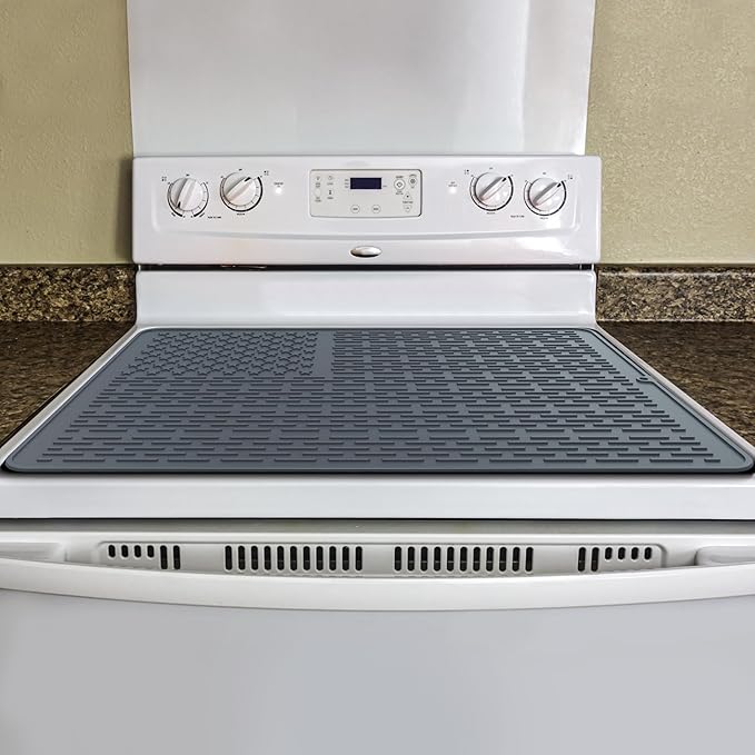 AWINNER Silicone Electric Stove Cover MatCeramic Stove Heat Resistant Glass Cooktop Flat RV Range Stovetop top ProtectorXL Dish Drying Mats for Kitchen Stars Stripes Design (Silicone Gray 28x20)
