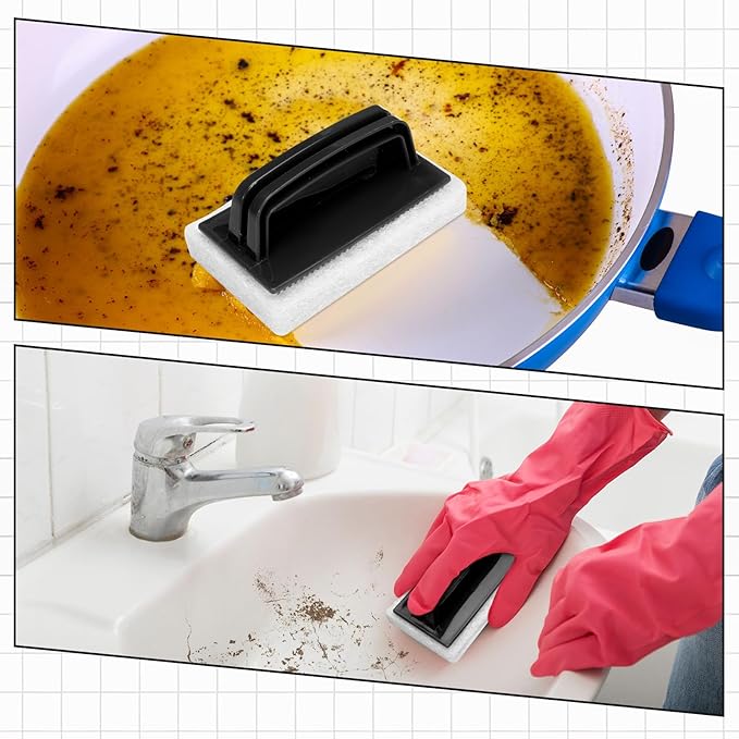 Maxdot 18 Pcs Handled Bath Scrubber Set 15 Bathroom Scouring Pad 3 Bathtub Scrubber with Handle Non Scratch Soap Scum Remover for Cleaning Sink Shower Tile Swimming Pool Step Corner (Black and White)