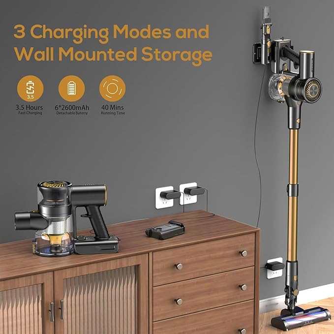 Cordless Vacuum CleanerVacuum Cleaner for Home with Brushless MotorLightweight Stick Vacuum with Self-Standing and Touch ScreenHardwood Floor Vacuum for Pet HairCarpetsTile(Gold)