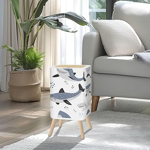 Small Trash Can with Lid seamless pattern cute sharks white Funny smiling sharks Sea ocean sea 2.6 Gallon/10L Garbage Can Waste Bin with Pop-Up Lid Wood Legs Wastebasket for Bathroom Kitchen Bedroom