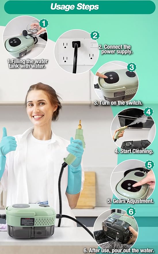 Steam Cleaner 2500W High Pressure Handheld Steamer 6-gears adjustable Portable Steam Cleaning Machine with 6 Brushes Cleaning for Home Use Kitchen BathroomHard SurfaceCar Detailing (Green)