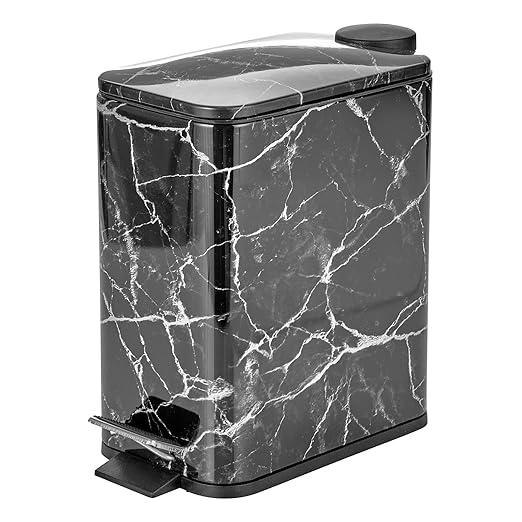 mDesign Slim Metal Rectangle 1.3 Gallon/5 Liter Trash Can with Step Pedal Easy-Close Lid Removable Liner - Narrow Wastebasket Garbage Container Bin for Bathroom Bedroom Kitchen - Black Marble