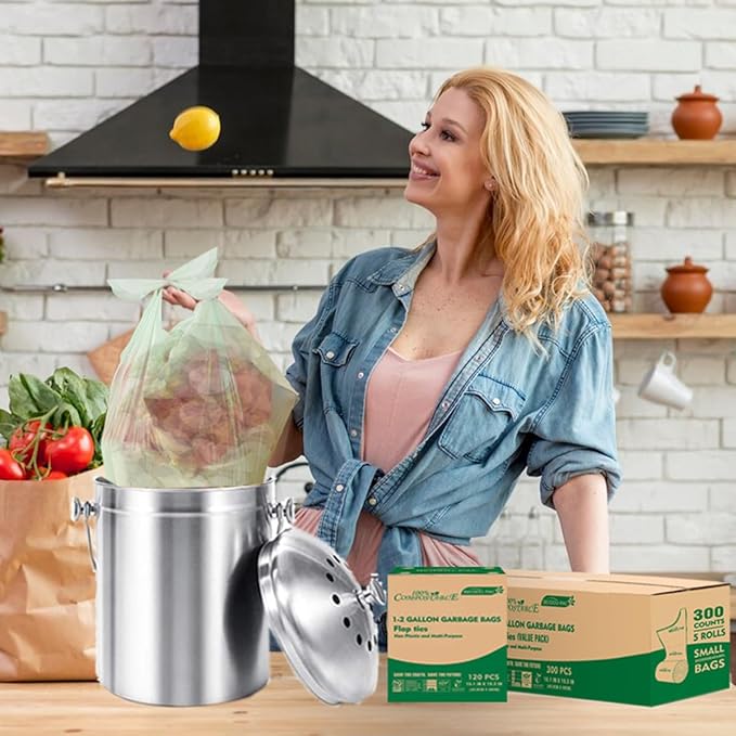 1-2 Gallon Flap Tie Compostable Trash Bags 300 Count Small Compost Bags Biodegradable Kitchen Garbage Bags Food Scrap Waste Bags for Countertop Bin ASTM D6400 US BPI Certified