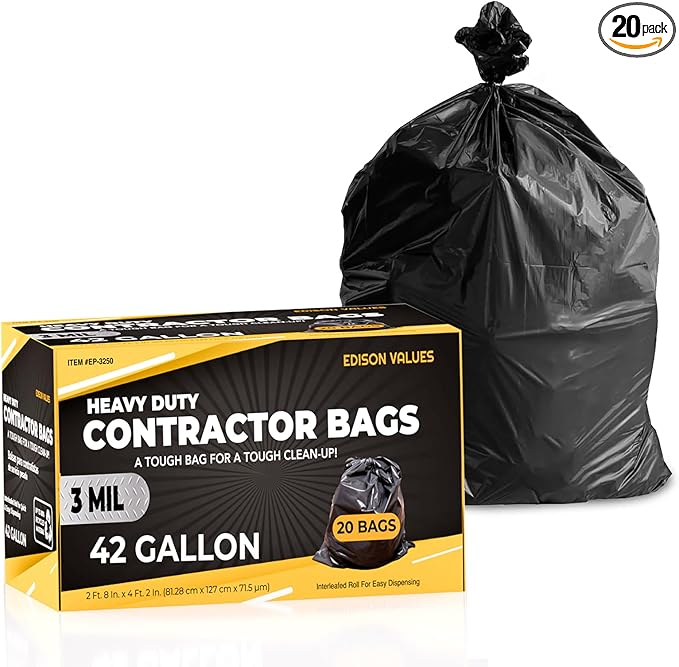Contractor Garbage Bags 42 Gallon - Pack Of 20 Black 3 mil Strength Heavy Duty Trash Bags Garbage Bags 32”X46” Heavy Duty Plastic Construction Contractor Bags - Trash Can Liners