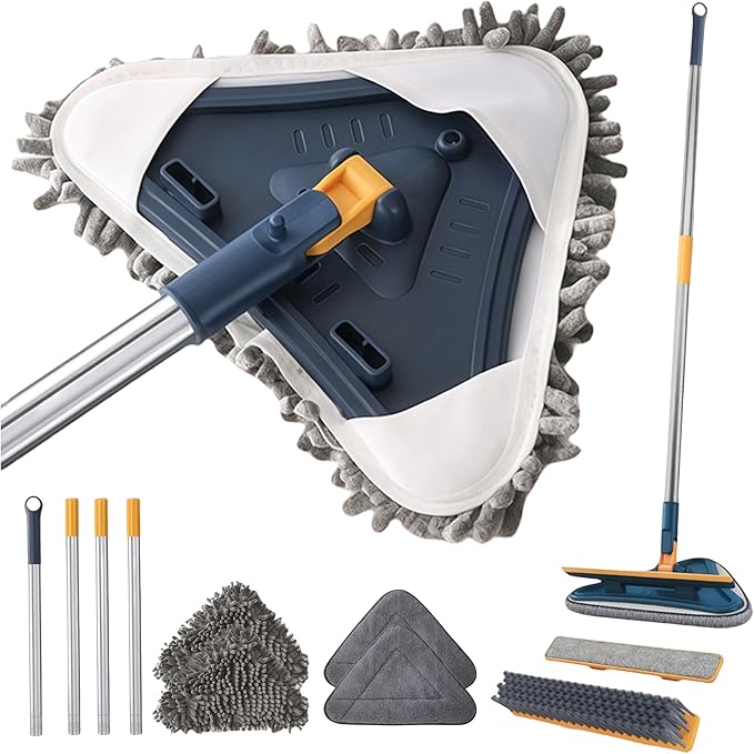 7-in-1 Wall Cleaner Triangle Mop Set with 7 Replaceable Heads and Adjustable Long Handle for Walls Floors Windows Ceilings Baseboards (Navy Blue)