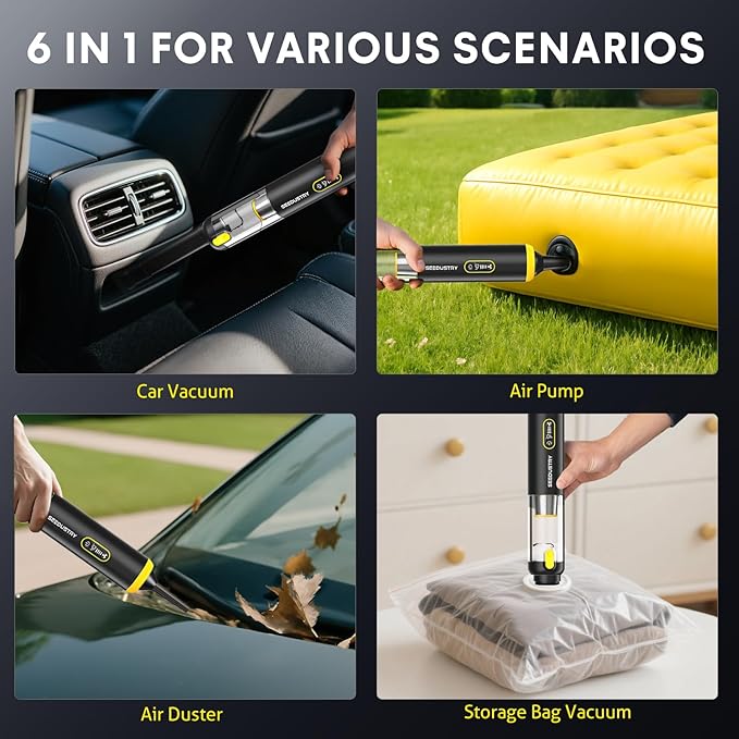 SEEDUSTRY Handheld Car Vacuum Portable Cordless 6-in-1 Mini Cordless Vacuum Cleaner with Brushless Motor &amp 18000Pa Powerful Suction Type-C Charge 2025 Mini Vacuum V-C08 Pro for Car Home Office