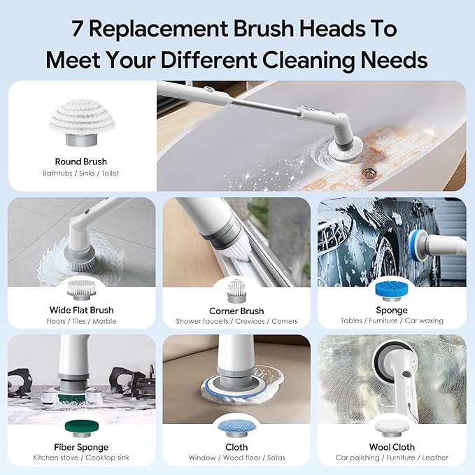 Electric Spin Scrubber 2026 New Cordless Cleaning Brush Shower Cleaning Brush with 7 Replaceable Brush Heads Power Scrubber 3 Adjustable Speeds Detachable Long Handle &amp IPX7 Waterproof