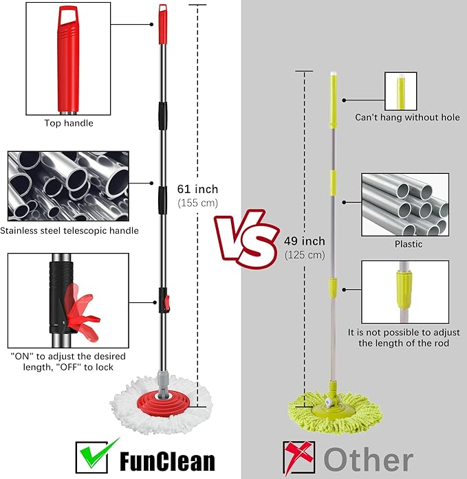 Stainless Steel Extendable Mop Handle with 2 Microfiber Replacement Heads &amp 360° Rotating Base Plate — Fits Standard Mop Buckets - Black
